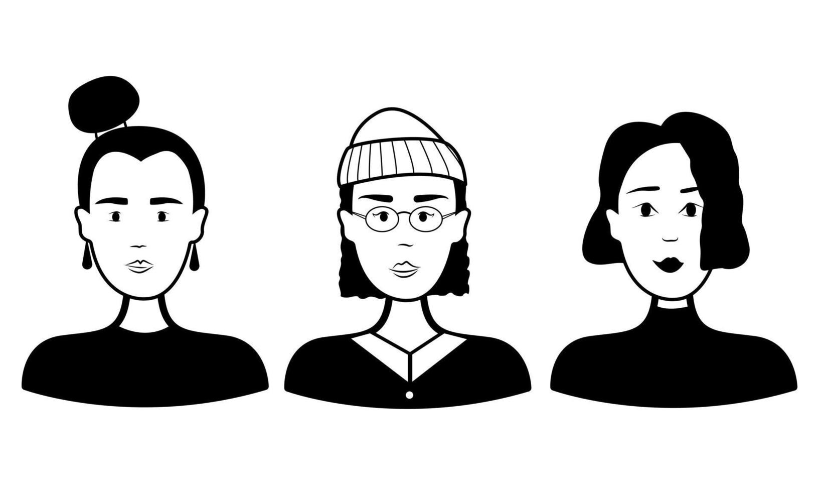 doodle set mensen gezicht. drie meiden. vector overzicht. zwart-wit afbeelding