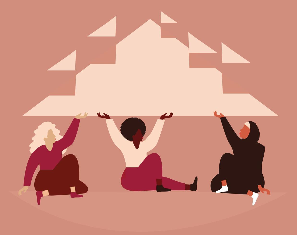 jonge vrouwen steunen elkaar. sterke vrouwen bij het opstarten van nieuwe bedrijven. drie ondernemers van verschillende etniciteiten houden, bouwen een grote driehoek. partnerschap, teamwork, empowerment van vrouwen concept. vector