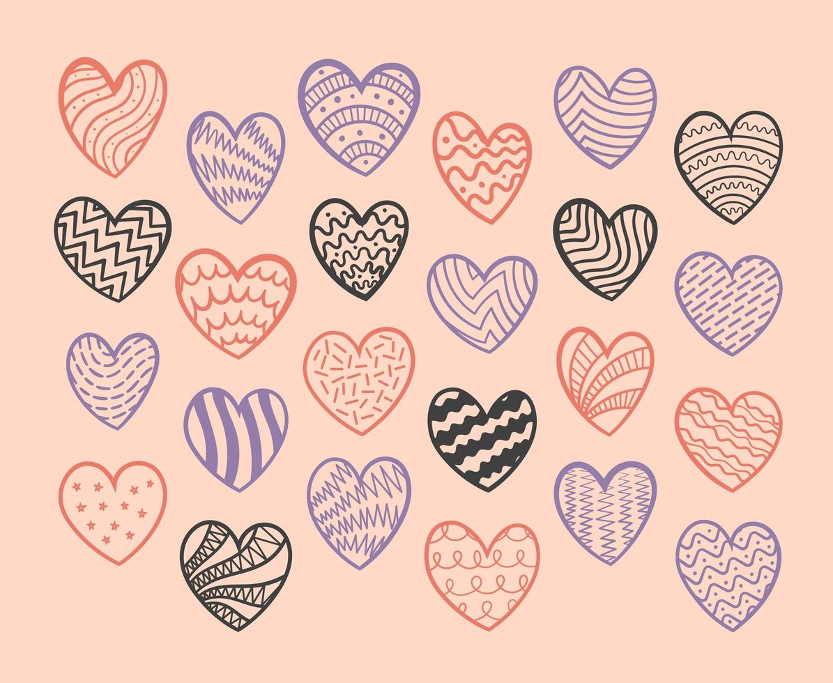 rode handgeschreven harten in verschillende stijlen en vormen. vector