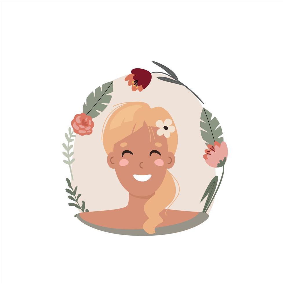 portret van een jonge Europese vrouw op een achtergrond van bloemen, platte vectorillustratie. vector