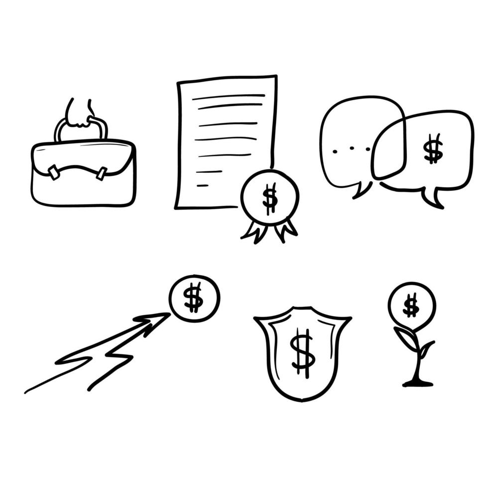 hand getekende eenvoudige set van zakelijke en geld gerelateerde vector lijn iconen. met doodle-stijl