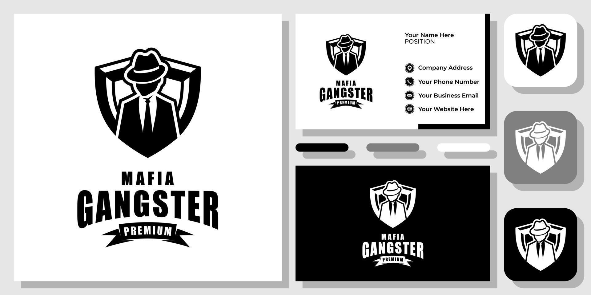 maffia schild gangster crimineel menselijk pak mysterieus spion hoed stropdas logo ontwerp sjabloon voor visitekaartjes vector