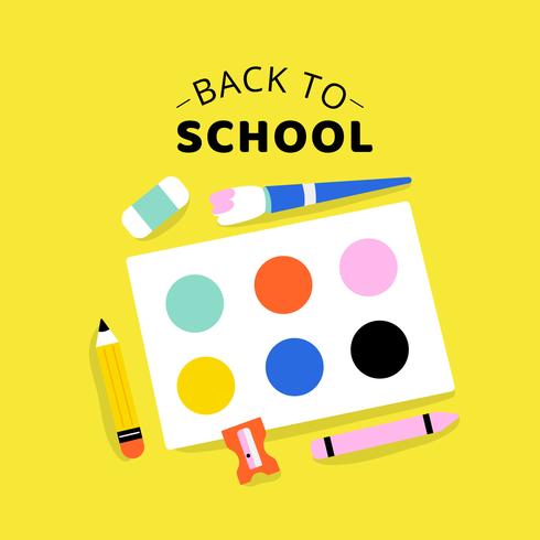 Terug naar school met school Tools, potlood, borstel, gum, puntenslijper en kleuren vector