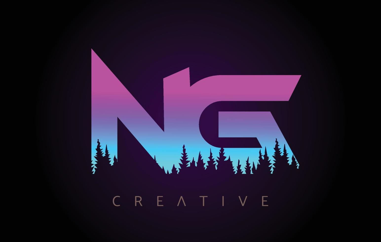 ng brieven logo ontwerp met paars blauwe kleuren en dennenbos bomen concept vector icon