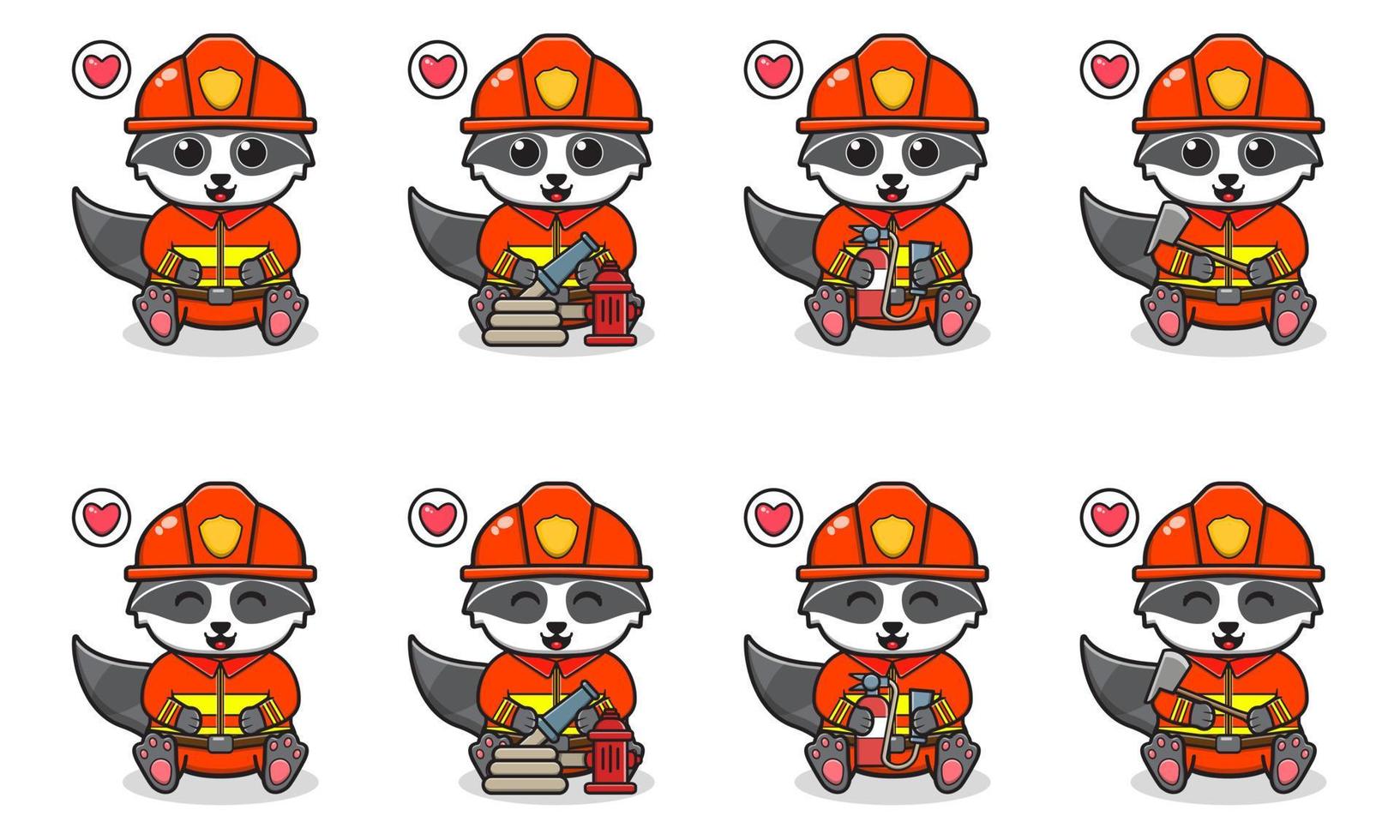 vectorillustratie van schattige zittende wasbeer cartoon met brandweerman kostuum. vector