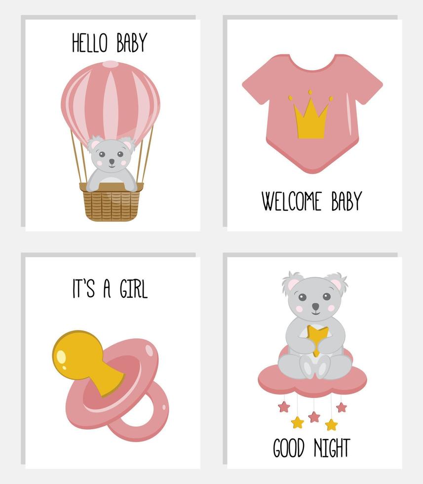 schattige posters met kleine koala, babyromper, fopspeenpop. vector prints voor babykamer, babydouche, wenskaart. schattige kinderkamer illustratie. set verjaardagskaarten sjablonen. het is een meisje.