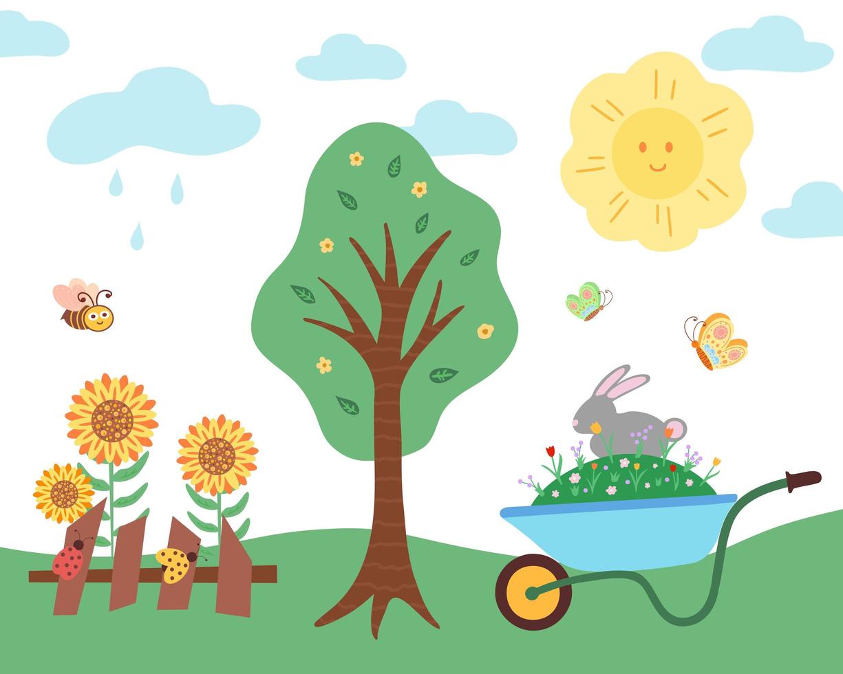 zomerlandschap, boom, zon, bloemen en konijn. illustratie voor afdrukken, achtergronden, omslagen, verpakkingen, wenskaarten, posters, stickers, textiel en seizoensontwerp. vector