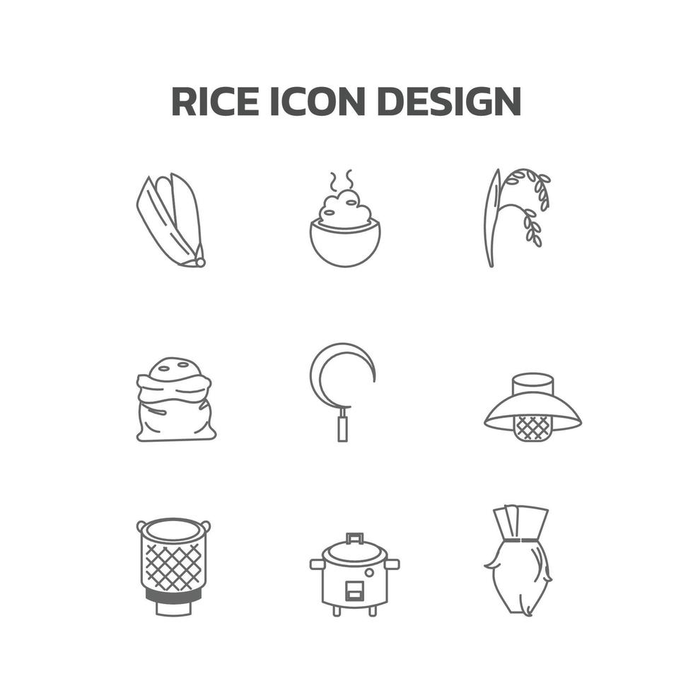 rijstpictogramreeksen, dunne pictogrammen van graan, gekookte rijst, spike, rijst in zak, oogstsikkel, strohoed, rieten pot voor kleefrijst, fornuis, schijf. vectorillustratie. vector