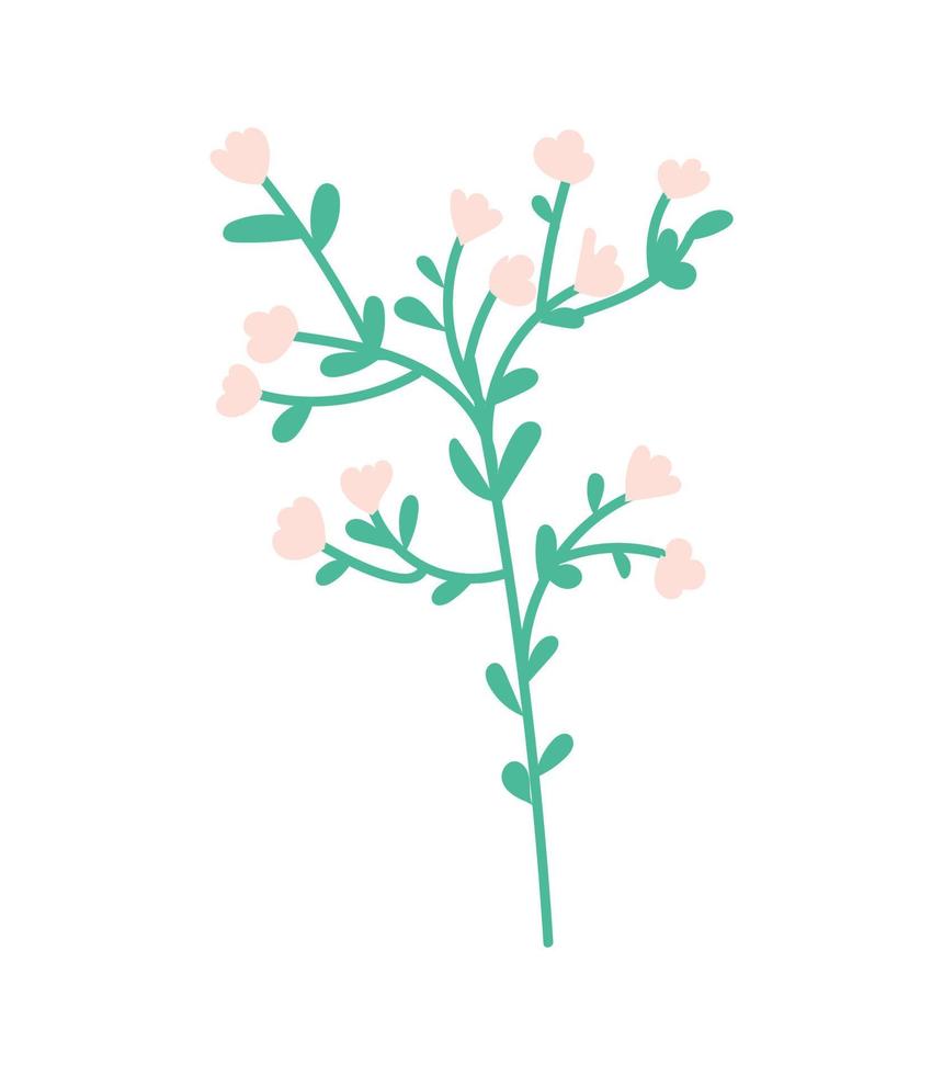 takje met bloeiwijzen en bladeren voor design. hallo lente. mooie tak met bloemen voor wenskaarten, posters, kaarten, stickers, decoraties. vectorillustratie op geïsoleerde witte achtergrond vector