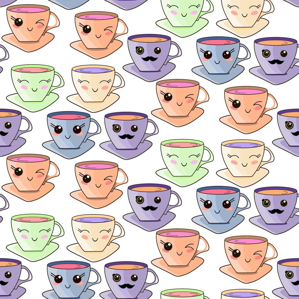 vector naadloos patroon met hand getrokken kawaiikop. grappige kawaii cups op een witte achtergrond.
