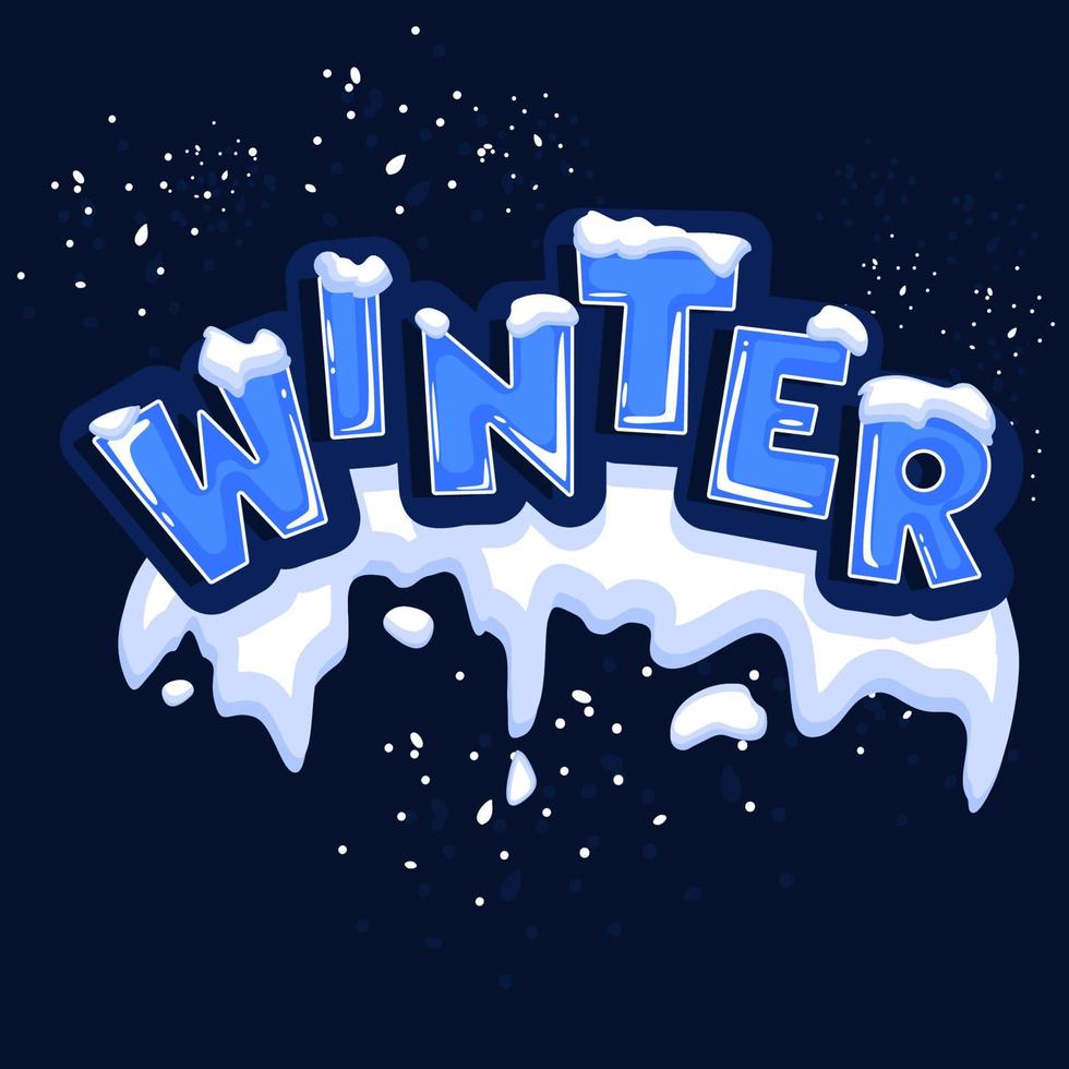 het woord winter, bedekt met lagen sneeuwijs, op de tekst sneeuwvlokken erachter. voorraad vector. tekst in cartoonstijl. vector