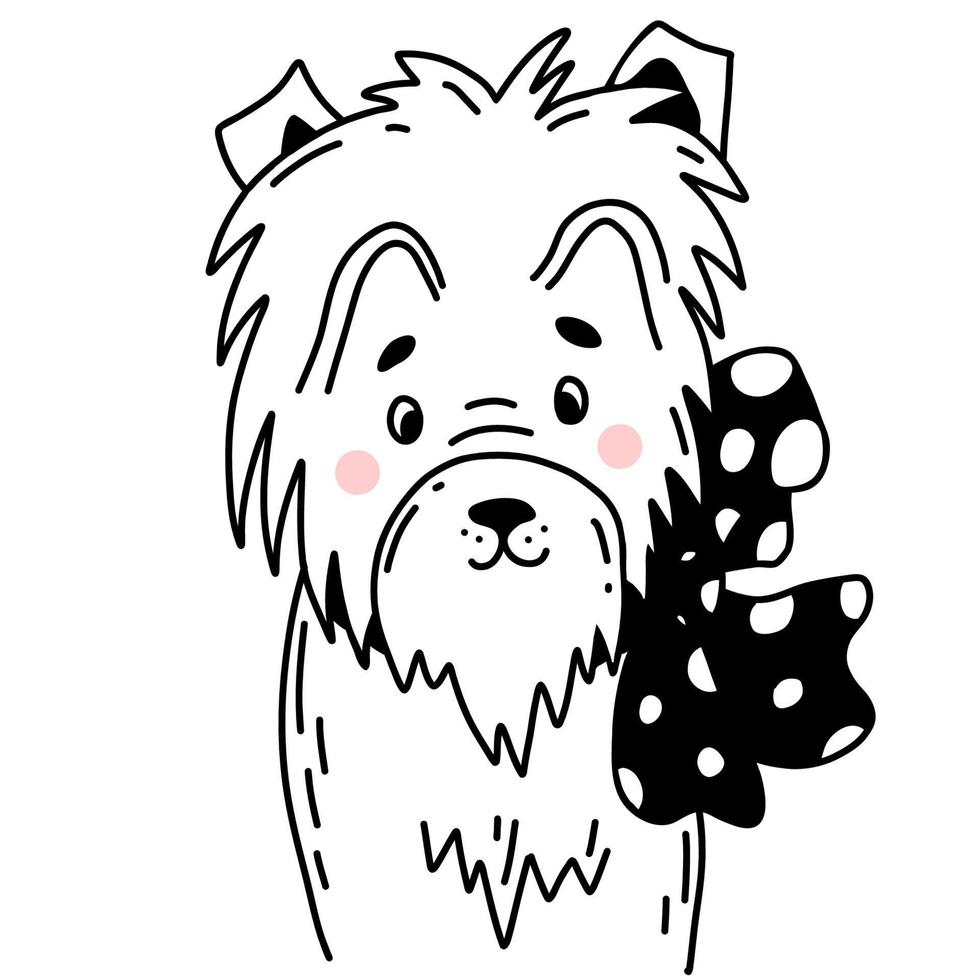 kleine pup met strik. vectorillustratie in lineaire handgetekende doodle-stijl vector