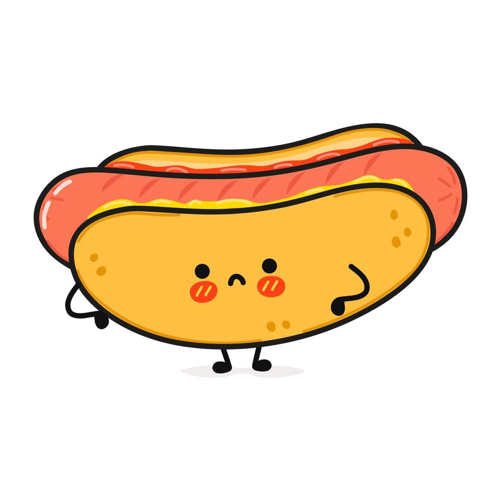 schattig triest hotdog karakter. vector hand getekend cartoon kawaii karakter illustratie pictogram. geïsoleerd op een witte achtergrond. hotdog karakter concept