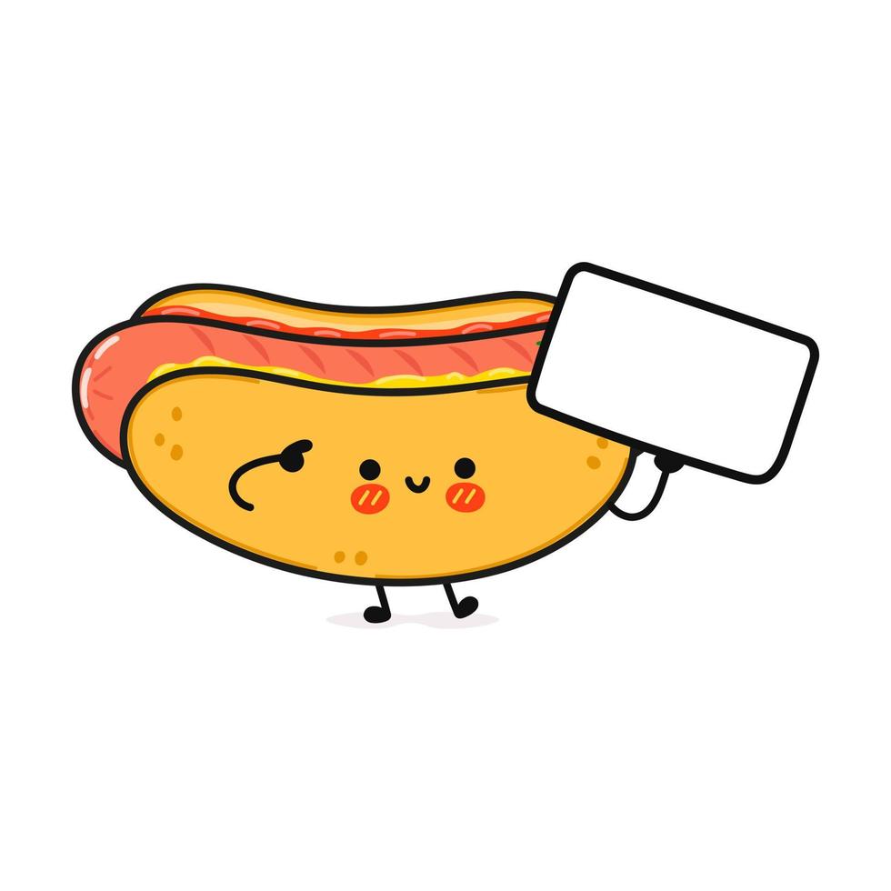 leuke grappige hotdog met poster. vector hand getekend cartoon kawaii karakter illustratie pictogram. geïsoleerd op een witte achtergrond. hotdog denk concept