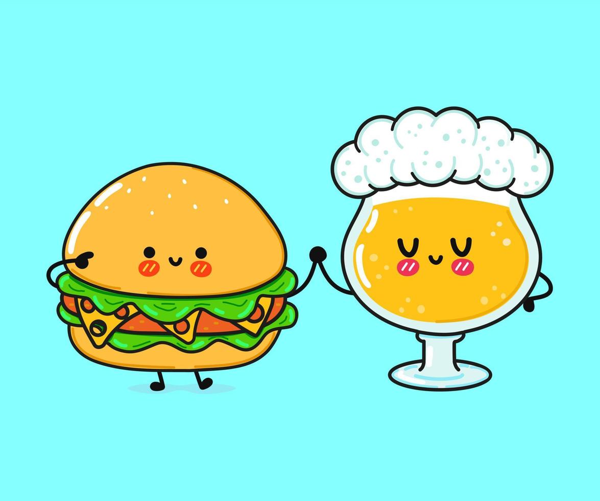 leuke, grappige vrolijke hamburger en bier. vector hand getekend kawaii stripfiguren, illustratie pictogram. grappige cartoon hamburger en bier mascotte karakter concept