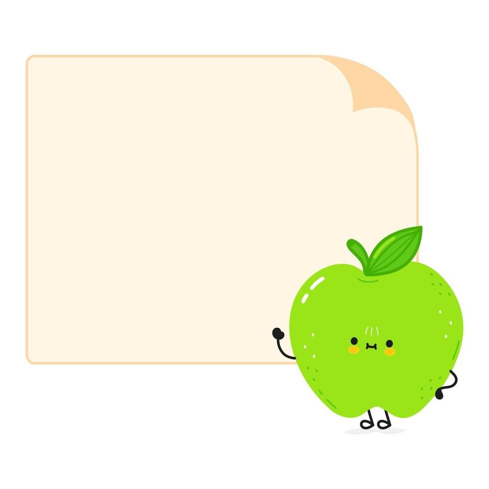 leuke grappige groene appel karakter met tekstballon. vector hand getekend cartoon kawaii karakter illustratie pictogram. geïsoleerd op een witte achtergrond. groene appel karakter concept