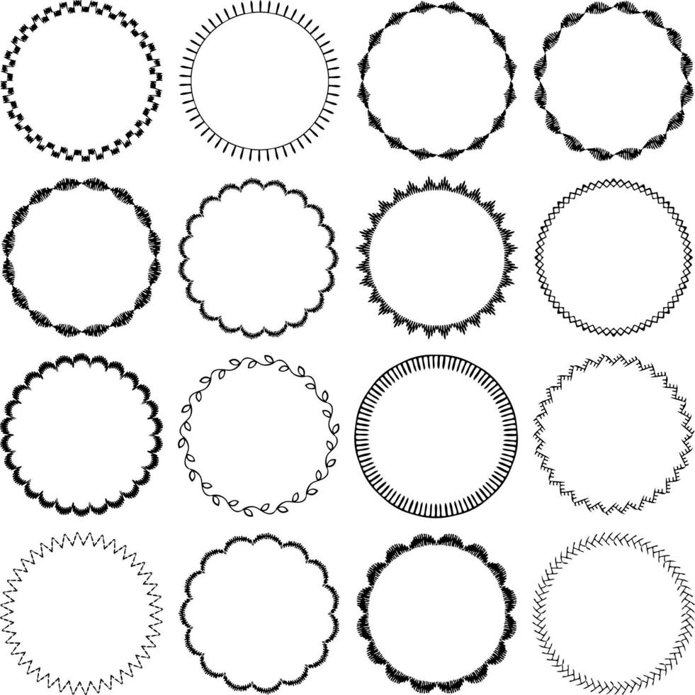 zwarte handgetekende borduursteek cirkelframes vector