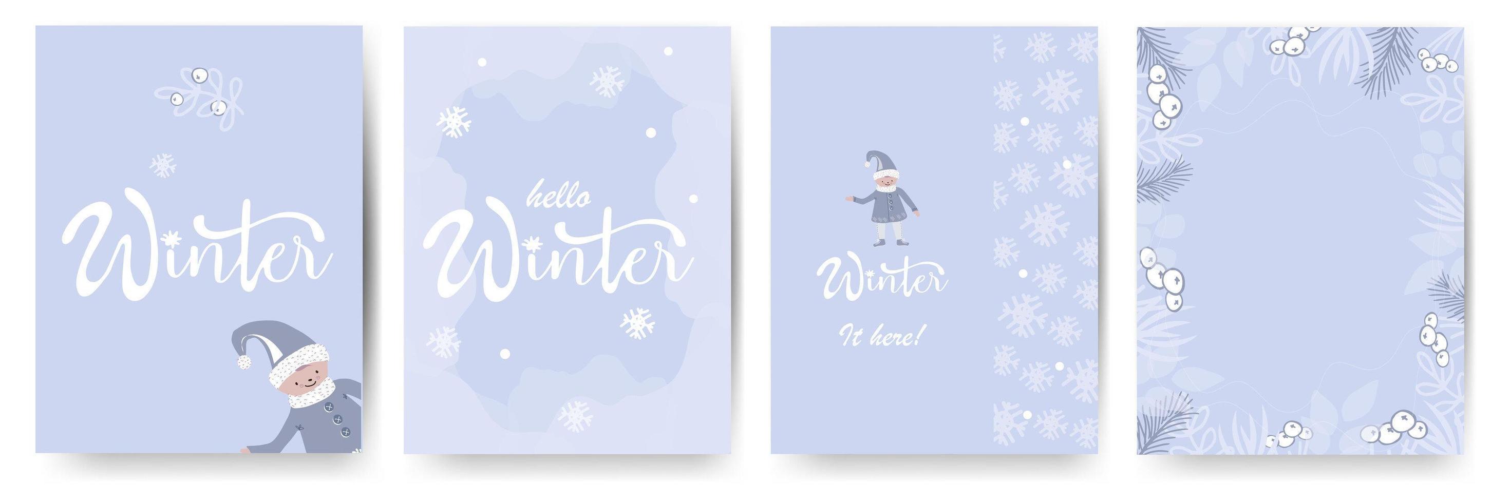 hallo winterconcept. handgeschreven borstel belettering. kalligrafische tekst op blauwe abstracte achtergrond. vectorwenskaart. vector