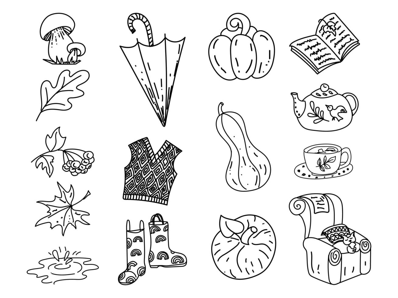 herfst seizoen set doodles elementen. handgetekende set met paraplu kopje hete thee, regen, rubberen laarzen, kleding en bladeren collectie. tekening doodle collectie, geïsoleerd op een witte achtergrond vector