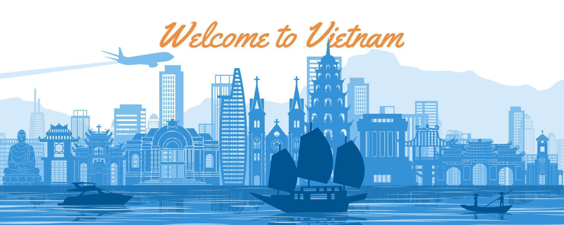 Vietnam beroemde bezienswaardigheden silhouet stijl met blauwe en witte kleur vector