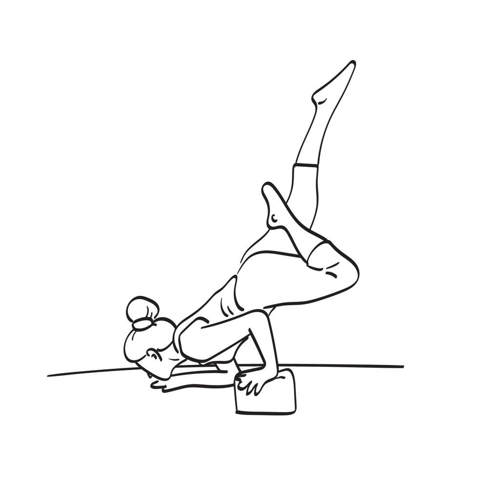 vrouw doet handstand in yoga cursus illustratie vector hand getekend geïsoleerd op een witte achtergrond lijntekeningen.