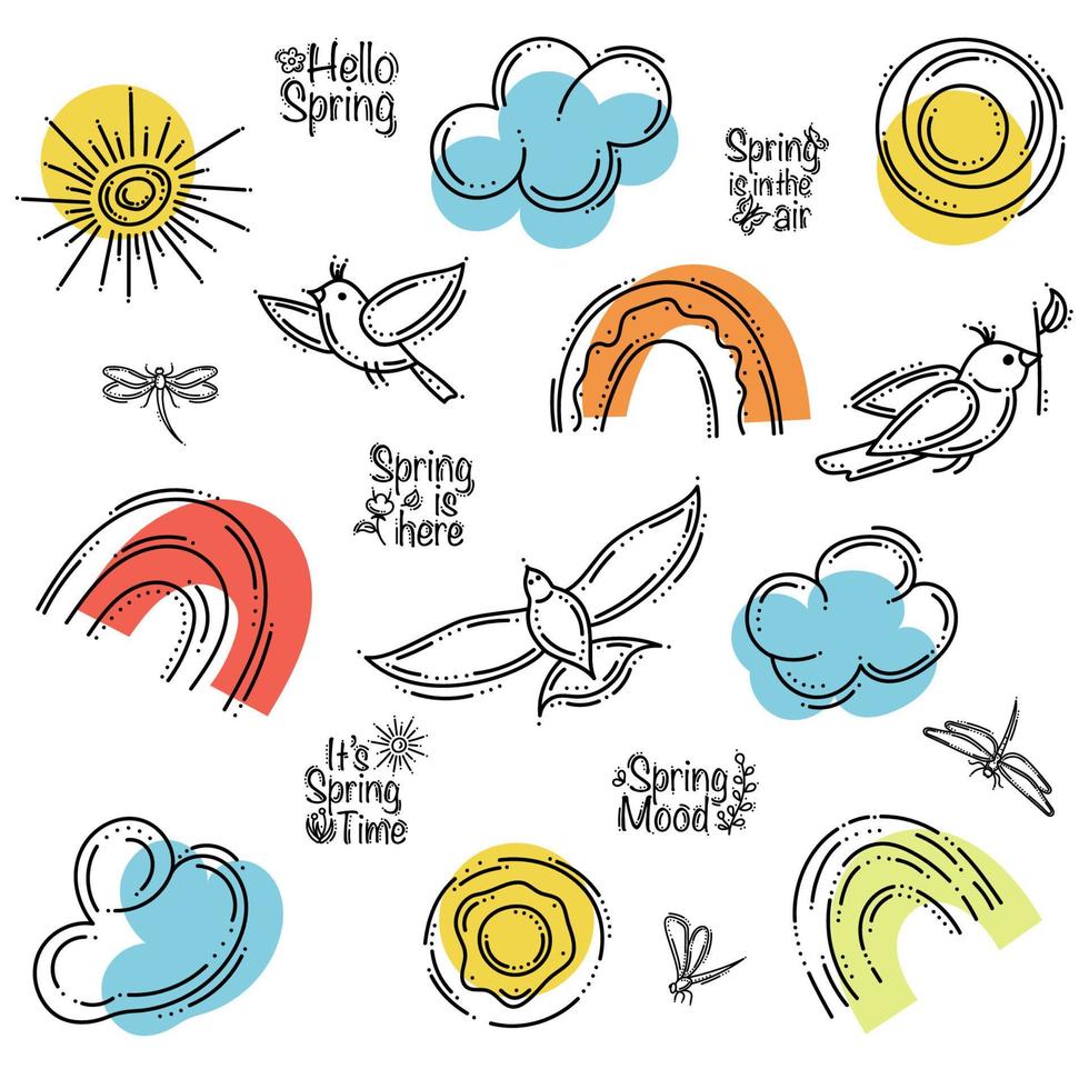 lucht lente set met zon, regenbogen, wolken, vogels en libellen vector