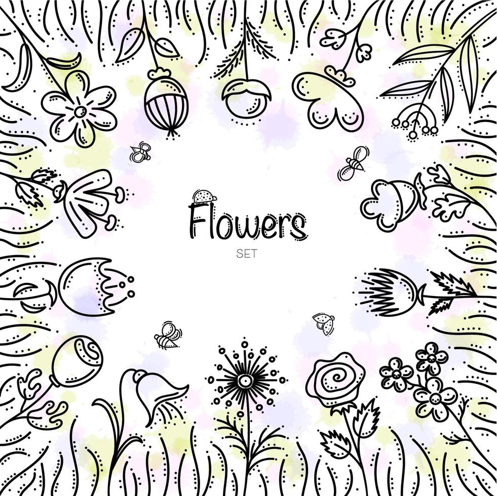 bloemen set frame met bijen en lieveheersbeestjes vector