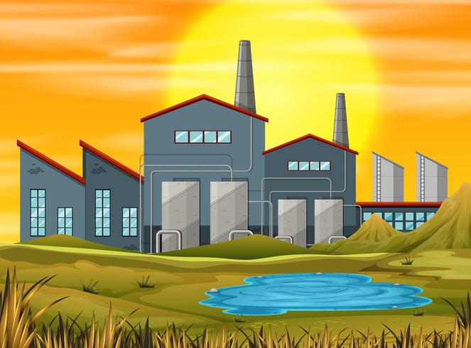 fabriek in zonsondergangscène vector