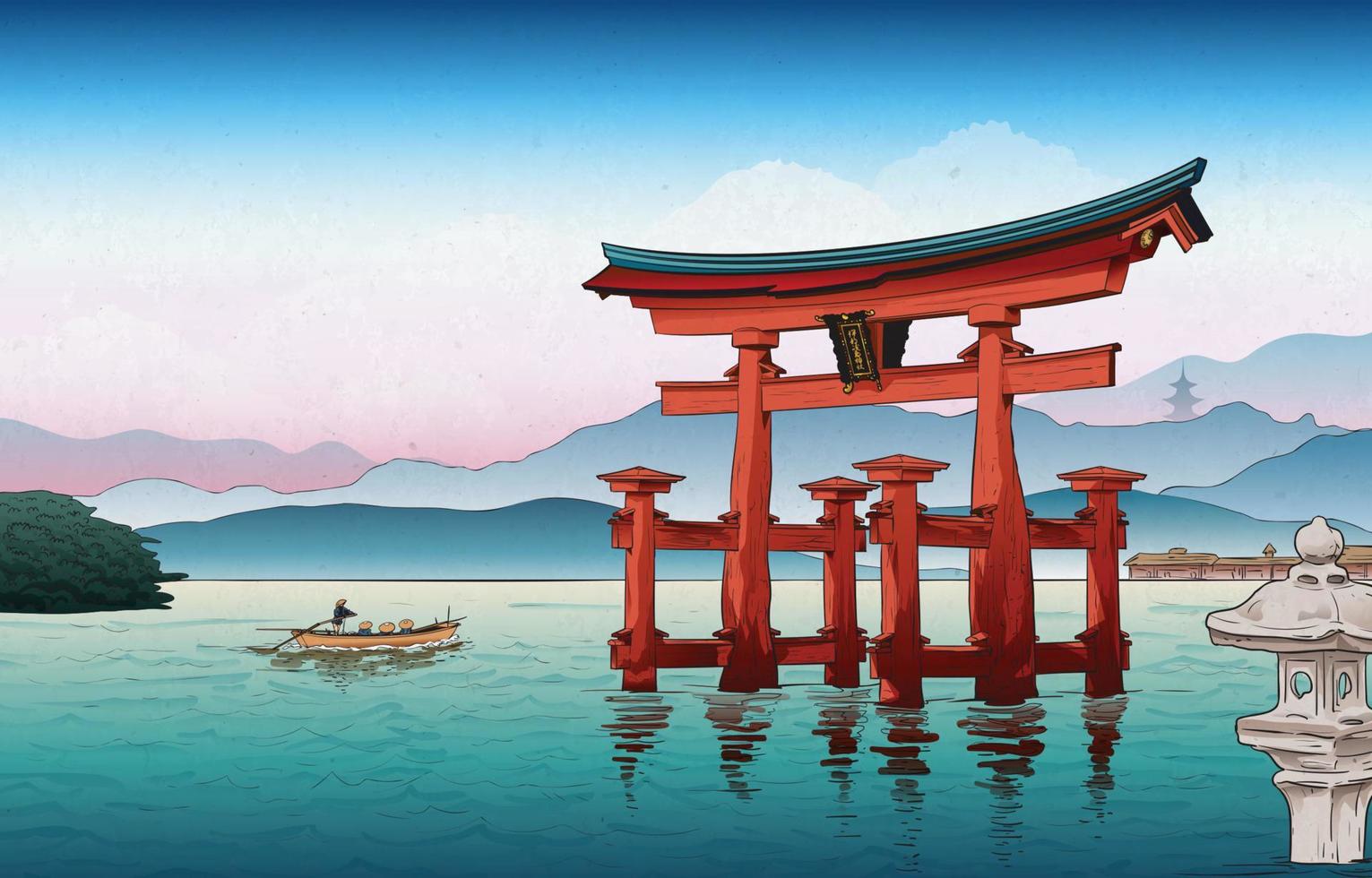 Japanse drijvende rode poortachtergrond in ukiyo-e-stijl vector
