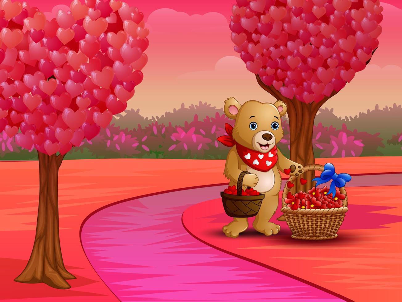 cartoon beer met een mand met rood hart in roze natuur vector
