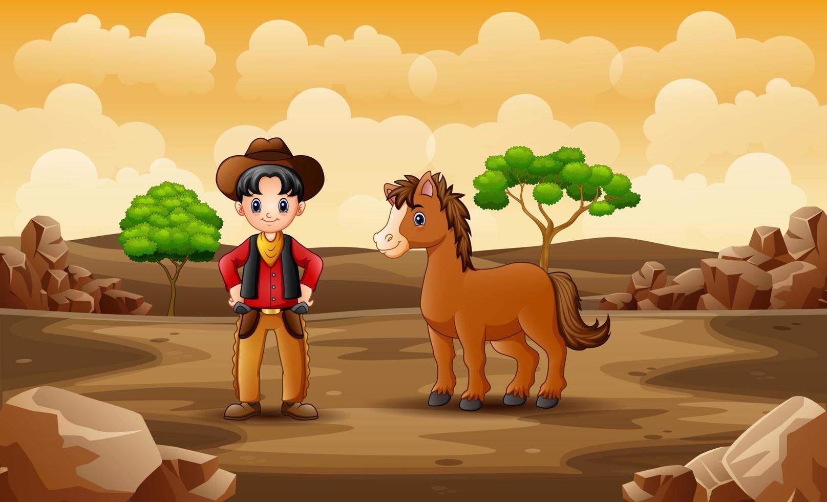 cartoon gelukkige cowboy met paard in de woestijn vector