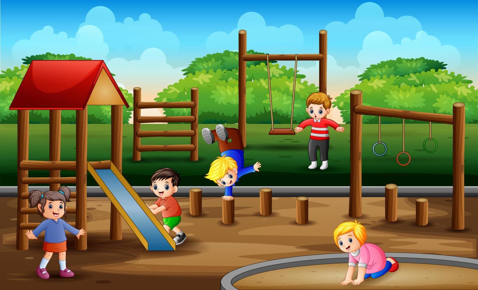 gelukkige kinderen spelen in de speeltuin scene vector