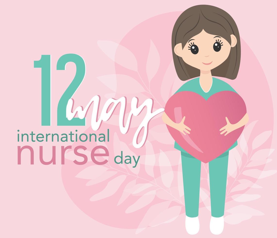 internationale verpleegsterdag 12 mei. gelukkige vrouwelijke verpleegster in uniform. roze en mint kleuren. kaartformaat met belettering. houd groot roze hart in handen. vector