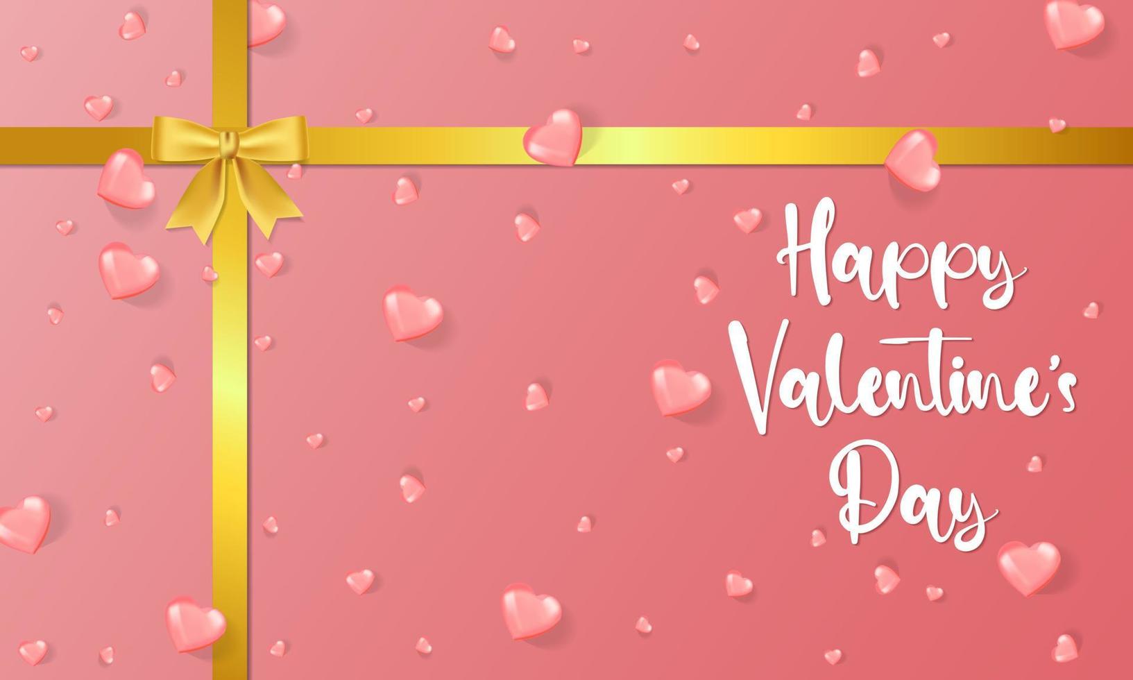 happy Valentijnsdag roze achtergrond de top heeft een gouden lint en veel kleine roze hart. vector