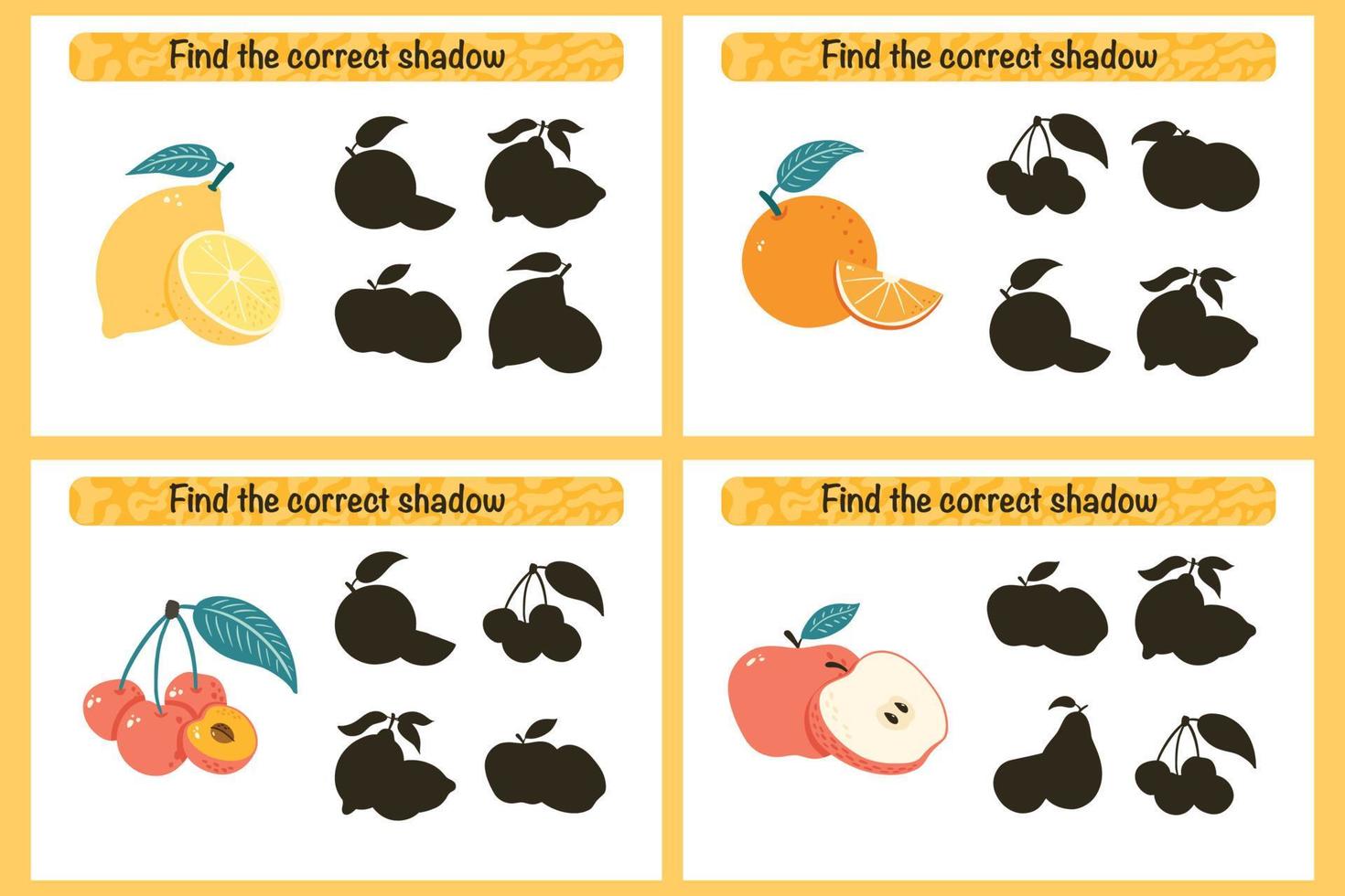 vind het juiste schaduwspel voor kinderen. voorschoolse puzzel. schaduw matching activiteit voor kinderen. educatief werkblad. vind het juiste silhouetspel met rijp fruit vector