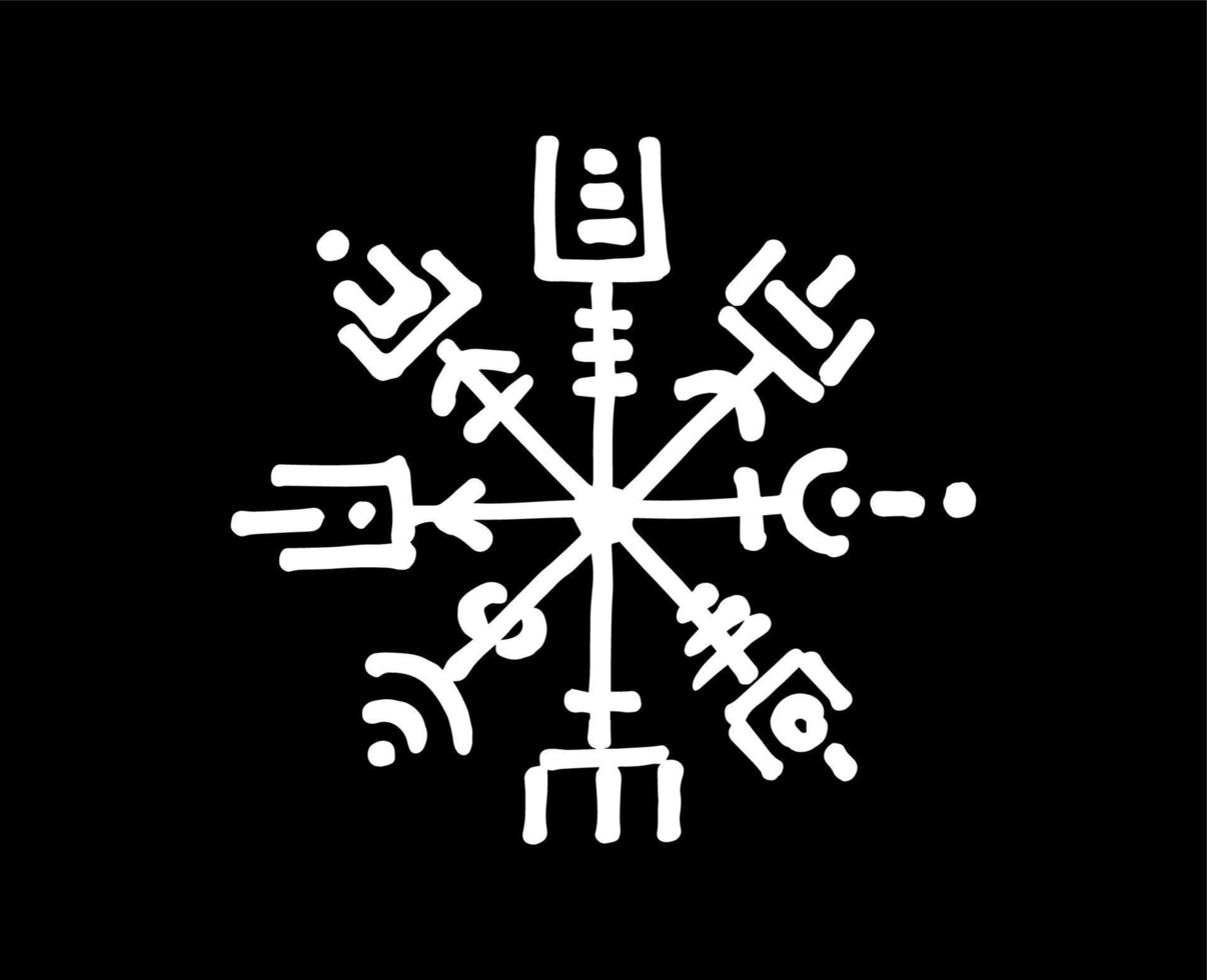 Vegvisir runenkompas wit potlood tekenen stijl, hand tekenen van Viking symbolen, heilige norse, tattoo logo, grunge runen magische symbolen, vectorillustratie geïsoleerd op zwarte achtergrond vector