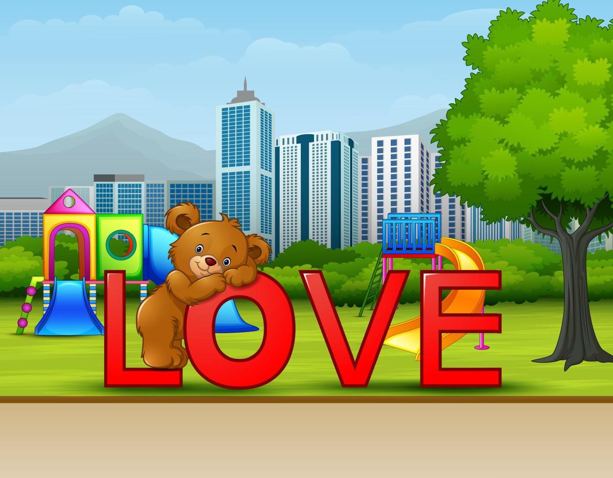 een beer op het rode woord liefde in parkstad vector