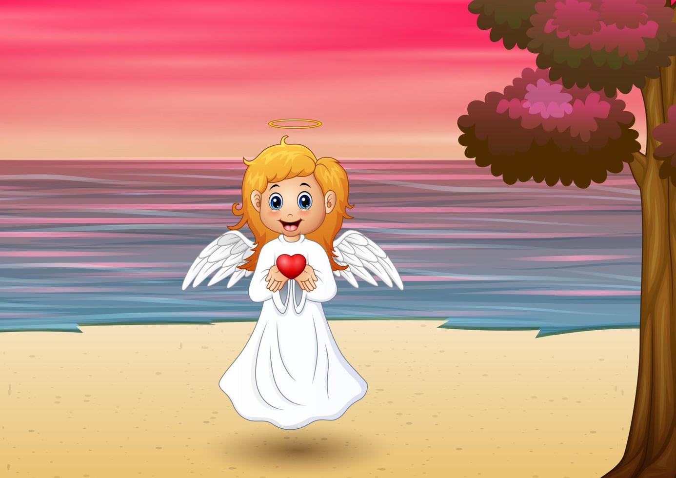 engel meisje presenteert een rood hart op het strand vector