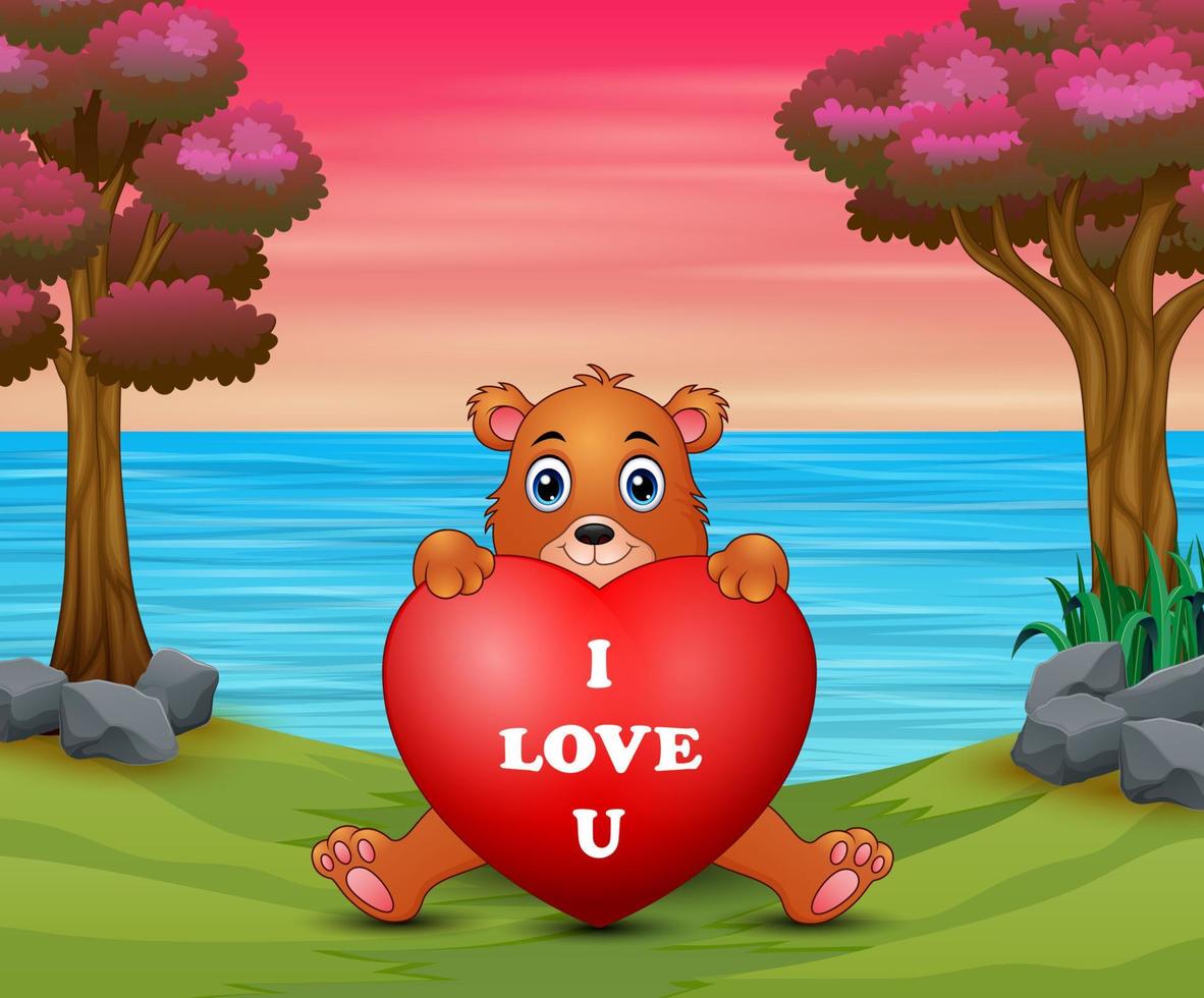 cartoon beer met rood hart op natuur achtergrond vector