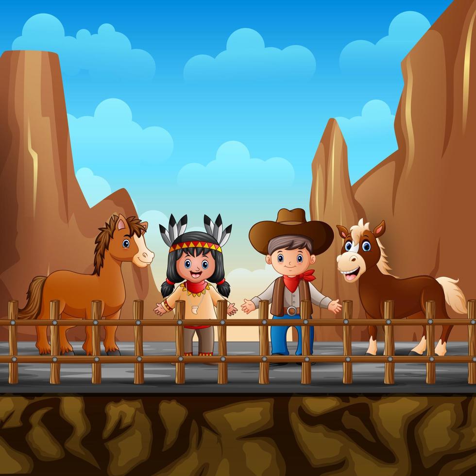 cowboy met indisch meisje en paard in de woestijn vector