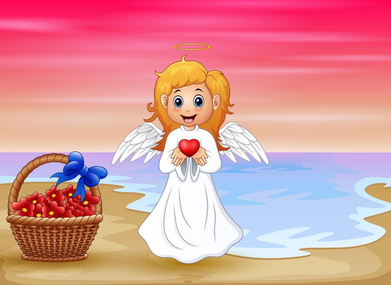 engel meisje presenteert een rood hart op het strand vector