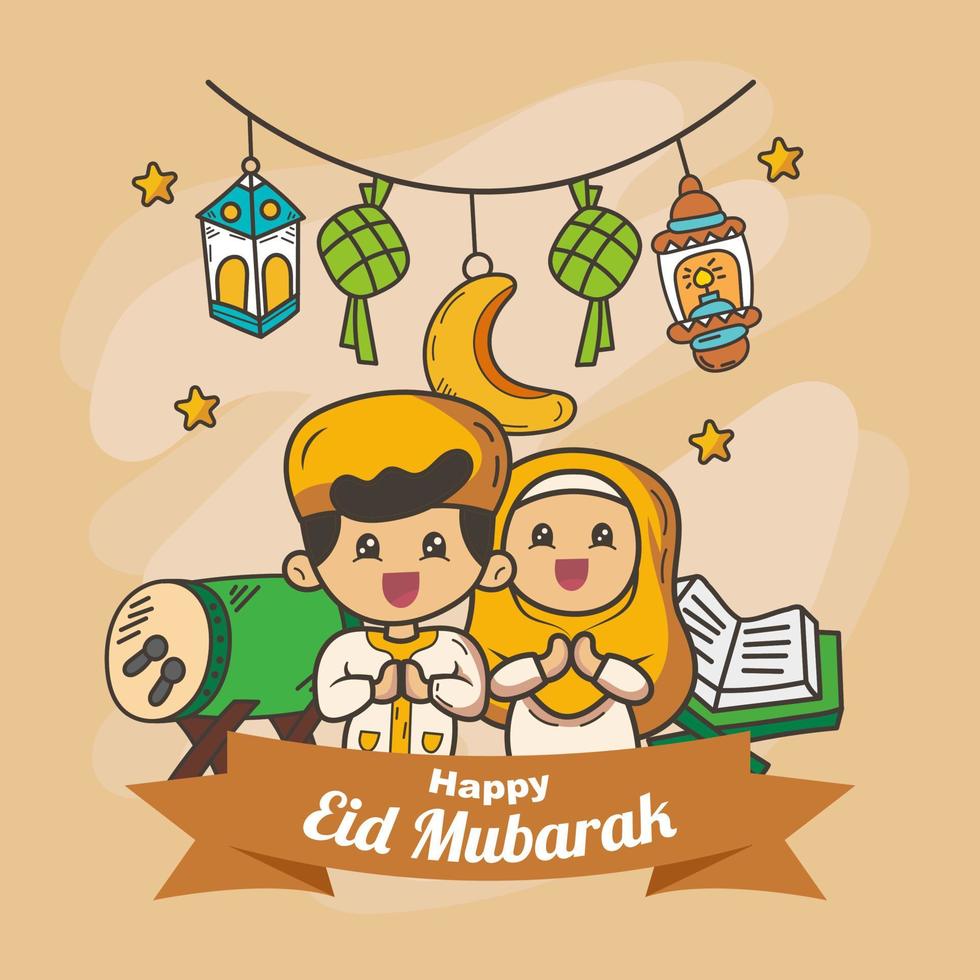 gelukkige eid mubarak met twee moslimkinderen, trommel, al-koran en lantaarn vector