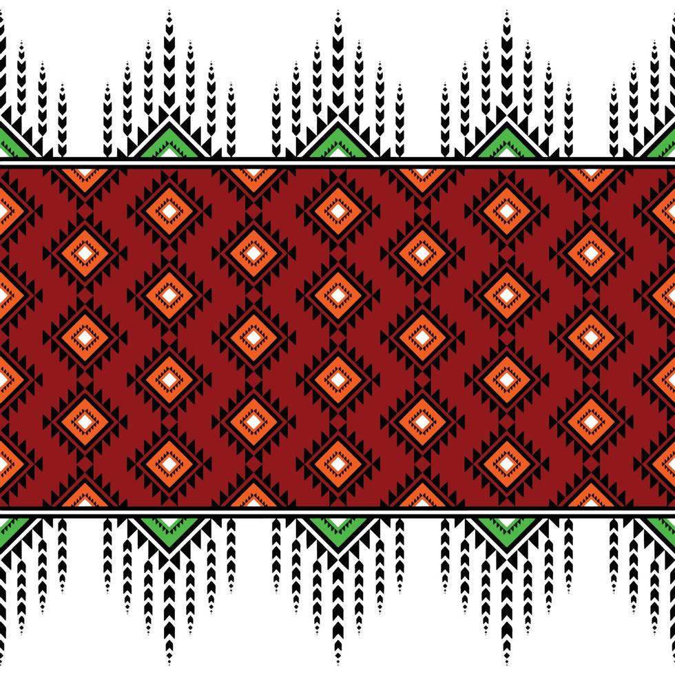 oranje groen geometrische op rode etnische oosterse patroon traditioneel ontwerp voor achtergrond, tapijt, behang, kleding, verpakking, batik, stof, vector illustratie borduurstijl