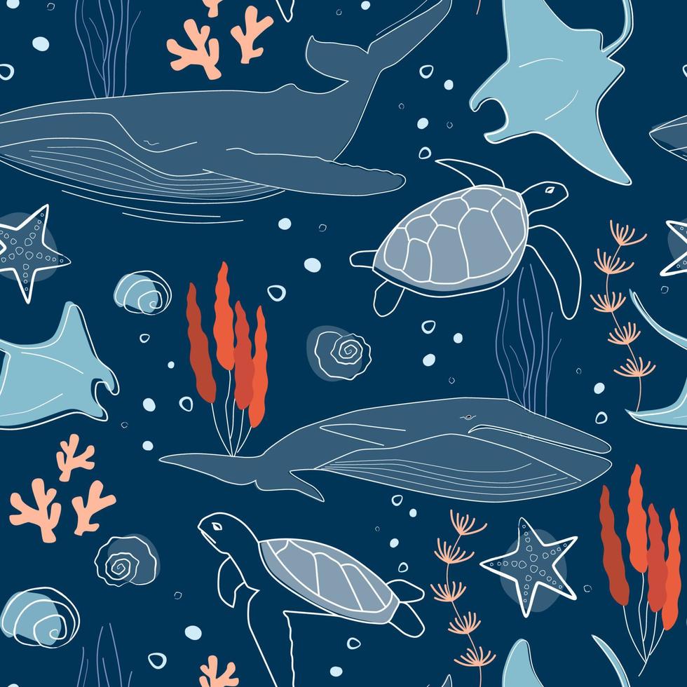 naadloze schelp met zeedieren. een walvis, een schildpad, een pijlstaartrog, een zeester zwemmen onder water. zee afdrukken. vectorafbeeldingen. vector