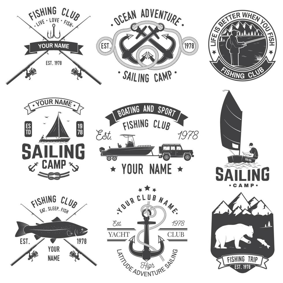 set zeilkamp- en visclubbadges. vector. concept voor shirt, print, stempel of tee. vintage typografieontwerp met hengel en zeilbootsilhouet. extreme watersport. vector