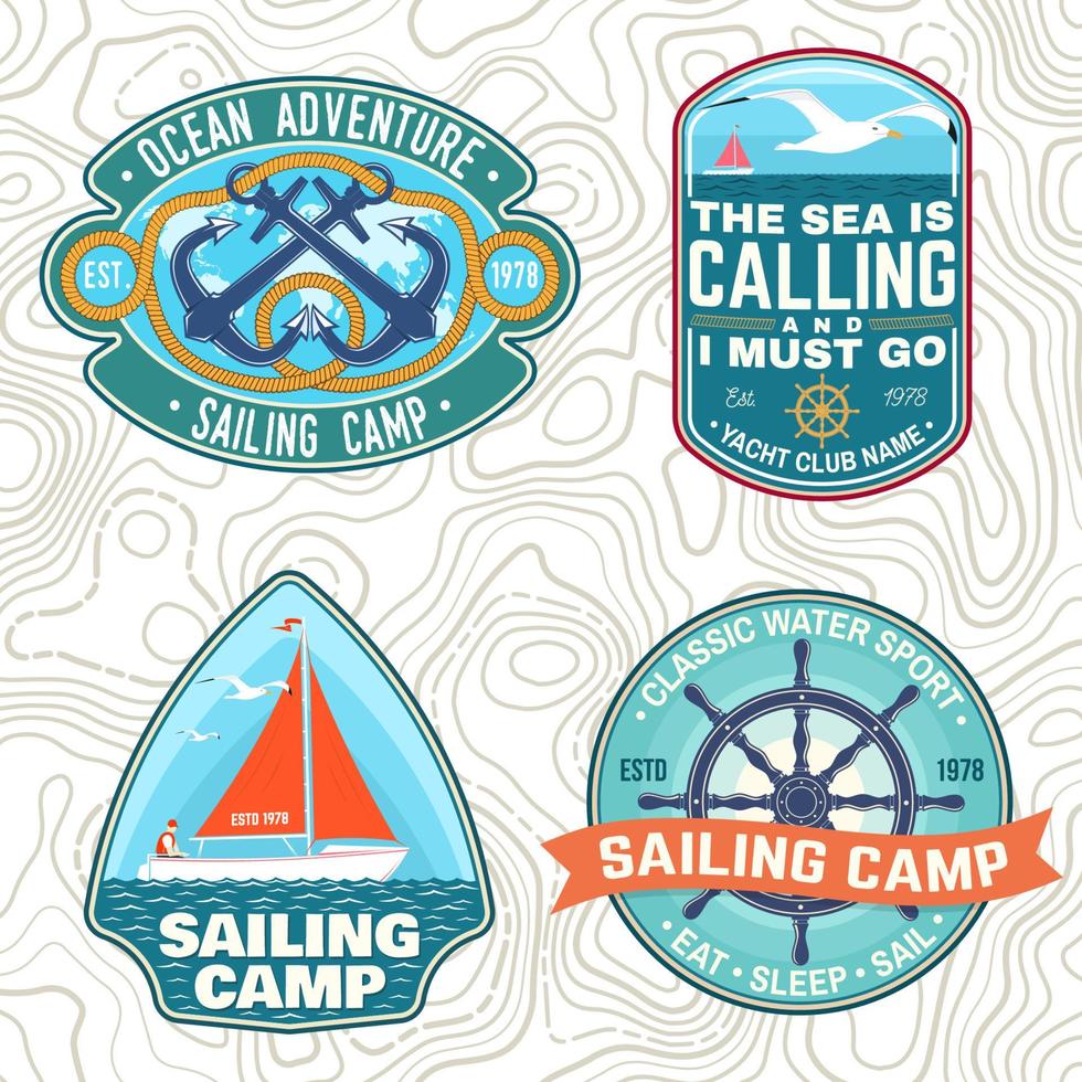 set zomer zeilkamp patches. vector. concept voor shirt, stempel of tee. vintage typografieontwerp met zeeankers, handwiel, zeilboot en touwknoopsilhouet. oceaan avontuur. vector