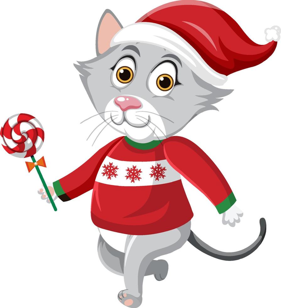 schattige kat met kerstmuts stripfiguur vector