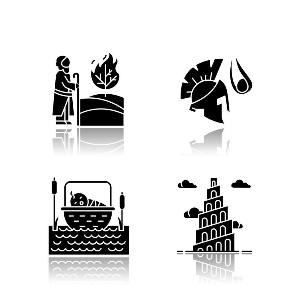 bijbelverhalen slagschaduw zwarte glyph pictogrammen instellen. de geboorte van mozes, david en goliath, mythen over de babeltoren. religieuze legendes. christelijke religie, heilige boekscènes. geïsoleerde vectorillustraties vector