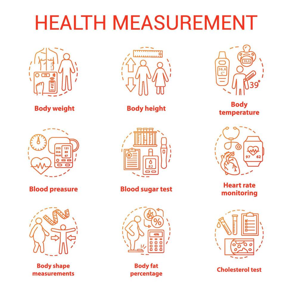 lichaam meetinstrumenten concept pictogrammen instellen. gewicht, lengte check idee dunne lijn illustraties. monitoring van cardiologische parameters, hartslag, pols. vector geïsoleerde overzichtstekeningen. bewerkbare..