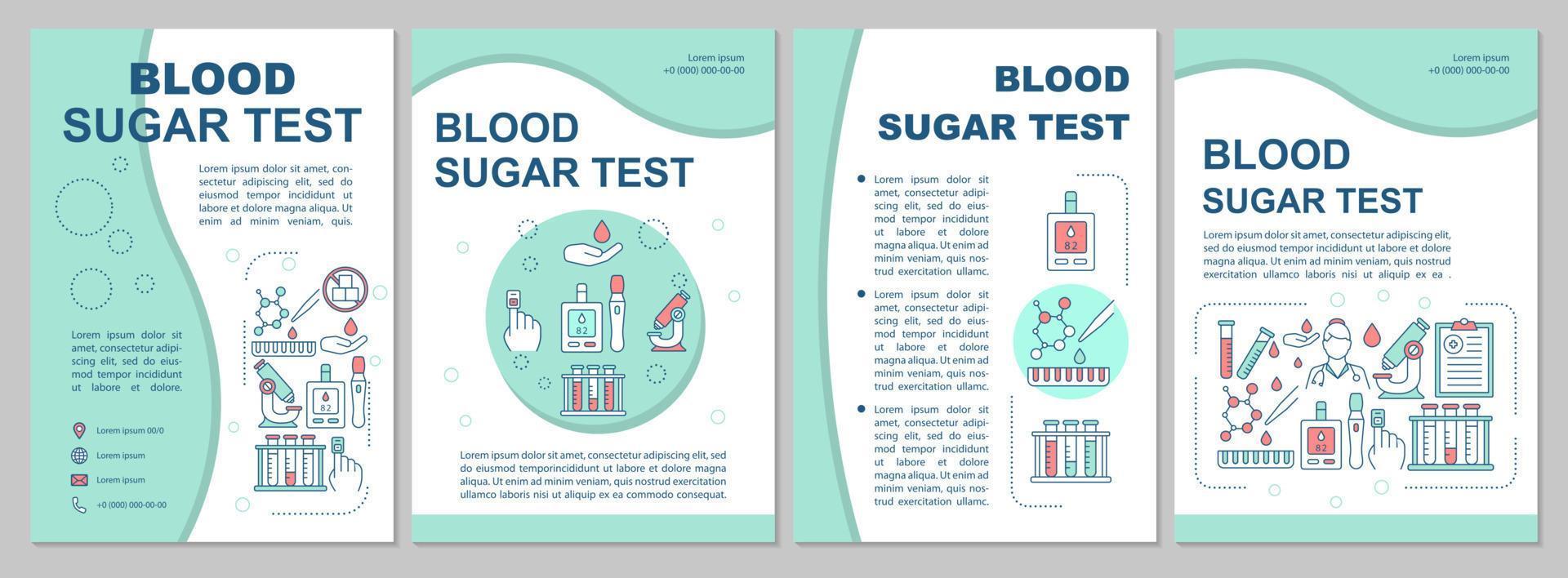 bloedsuikertest brochure sjabloon lay-out. flyer, boekje, ontwerp van de bijsluiter, lineaire illustraties. glucose niveau controle. vectorpaginalay-outs voor jaarverslagen, reclameposters vector